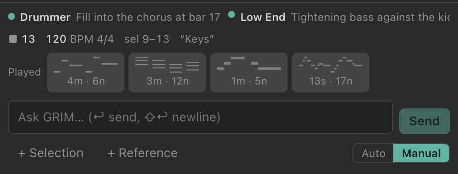 The bottom of the GRIM panel: a context line reading 13, 120 BPM 4/4, sel 9–13, Keys; a row of recently played phrases; and the message box.