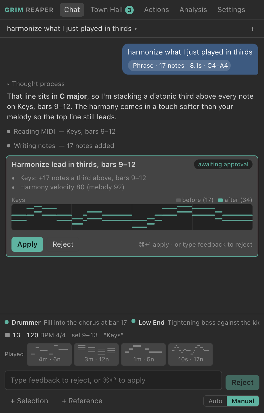A pending change card, Harmonize lead in thirds, bars 9–12, with Apply and Reject buttons and a before-and-after piano roll of the Keys track.